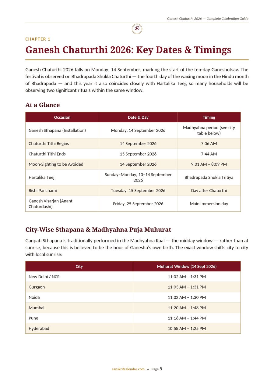 Ganesh Chaturthi 2026 key dates and timings, sample page